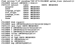 Text snippet showing XML DTD file content with elements and attributes defined for uptime_trans.