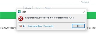 Error dialog box with a red cross icon, displaying the message 'Response status code does not indicate success: 404'. An 'OK' button is available to dismiss the dialog.