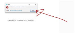 Error message popup in Trados Studio stating 'COM target does not implement IDispatch' with an 'OK' button.