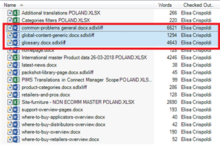 Screenshot of Trados Studio project files list highlighting three files saved as HTML instead of Word format, with names common-problems-general.docx.sdlxliff, glossary.docx.sdlxliff, and latest-news.docx.sdlxliff.