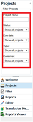 Trados Studio screenshot showing the Projects filter options with 'Show all projects' selected.