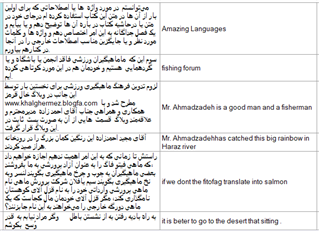 Screenshot of Trados Studio interface showing HTML tags being grabbed from a webpage with mixed English and Arabic text. The English text includes phrases like 'Amazing Languages', 'fishing forum', and 'It is better to go to the desert that sifting.'