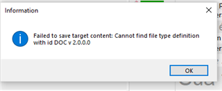Information dialog box in Trados Studio displaying an error message: Failed to save target content: Cannot find file type definition with id DOC v 2.0.0.0, with an OK button.