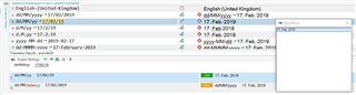 Comparison of date and time formats between English (United Kingdom) and German (Germany) in Trados Studio, highlighting the recognition of '17 Feb 2019' but not '17. Feb. 2019' for German.