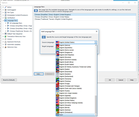 Trados Studio 'Add Language Pair' window with a list of languages, stopping at Fijian with no further options available.