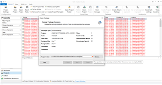 Trados Studio screenshot showing the 'Open Package' dialog box with the 'Append project name to project folder' option checked, resulting in a long file path error.