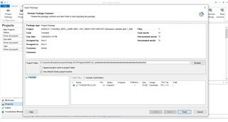 Trados Studio screenshot of the 'Open Package' dialog box partially visible, hiding important options due to layout issue.