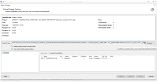 Trados Studio screenshot of the 'Open Package' dialog box fully visible after resizing, showing all options including unchecked 'Append project name to project folder'.