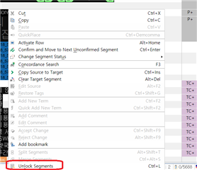 Trados Studio screenshot showing the 'Unlock Segments' option highlighted in red, indicating it is selected.