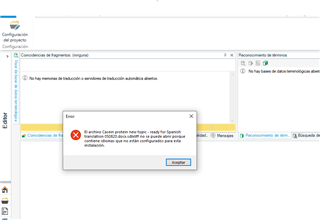 Error message in Trados Studio stating 'SDLXLIFF file can't be opened because the language combination doesn't exist' with an 'Accept' button.