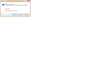 Error message in Trados Studio indicating 'Dependency file not found' with a file path and options to 'Search the path' or 'Browse for the file.'