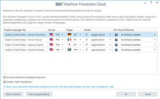 Screenshot of SDL Machine Translation Cloud dialog box showing project language pairs with source and target languages, MT Cloud Dictionary availability, and options to reset default and view language mapping.