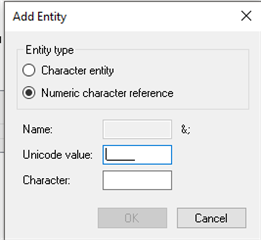 Trados Studio Add Entity dialog box with options for Entity type, Name, Unicode value, and Character input fields.