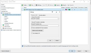 Trados Studio settings window with an error message stating 'An error occurred while updating translation memories for a specific language pair due to missing rights.'