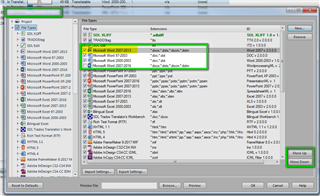 Trados Studio screenshot displaying File Types settings with Microsoft Word 2007-2019 file type selected and details visible.
