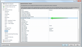 Trados Studio screenshot showing the Keyboard Shortcuts options with a green arrow pointing to the 'Email as Review Package' shortcut.