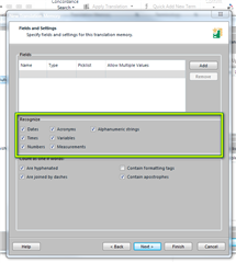 Settings window in Trados Studio with options for Dates, Variables, Alphanumeric strings, Numbers, and Measurements selected, indicating correct configuration.