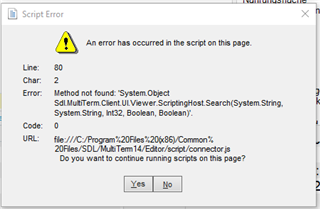 Screenshot of a script error message in Trados Studio with a warning icon, indicating a method not found in the system and asking if the user wants to continue running scripts.