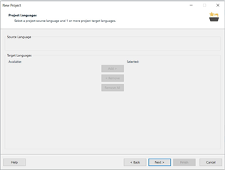 Trados Studio New Project window with empty Source Language field and Target Languages list.
