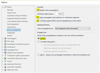 Trados Studio options menu showing Auto-propagation settings with 'Enable Auto-propagation' checked and 'Prompt User' options displayed.