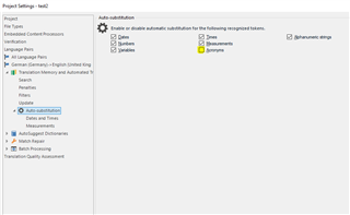 Trados Studio project settings window with 'Auto-substitution' section, 'Acronyms' option ticked.