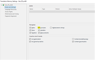 Translation Memory settings in Trados Studio with 'Recognize' options, 'Acronyms' checkbox selected.