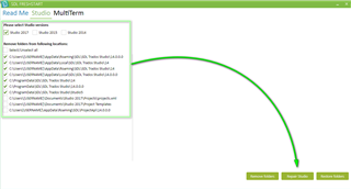 SDL FreshStart application interface showing options to remove folders from Trados Studio and MultiTerm with a green arrow pointing towards the 'Remove Folders' button.
