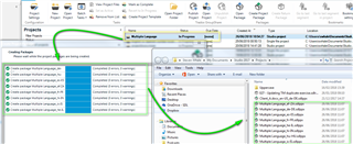 Trados Studio interface with arrows indicating the process of creating a package, highlighting the 'Projects' and 'Files' views and the 'Create package' button.