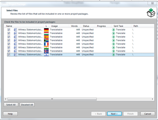 Trados Studio screenshot showing a list of files named 'Witness Statement.docx' with statuses such as 'Translatable' and 'Unspecified' under the 'Usage' column.