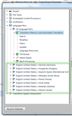 Trados Studio language pairs settings window with a list of language combinations such as 'English (United States) - German (Germany)' highlighted.