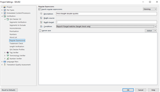 Trados Studio Project Settings window showing Regular Expressions section with 'Ignore case' checked and an empty 'Expression' field.