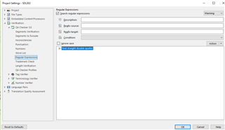 Trados Studio Project Settings window with Regular Expressions section, 'Ignore case' checked, and 'Expression' field containing a double quote.