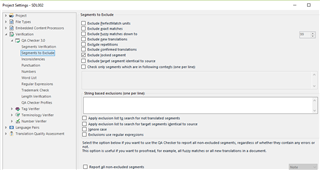 Trados Studio Project Settings window displaying QA Checker 3.0 section with 'QA exclusions' unchecked and various options listed.