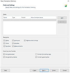 Trados Studio new translation memory settings with default TM wordcount settings unchecked.