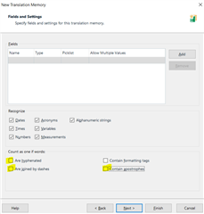 Trados Studio new translation memory settings with changed TM wordcount settings unchecked.