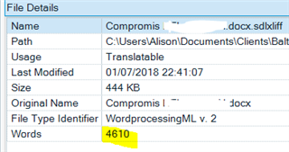 Trados Studio project word count with changed TM settings showing 4,610 words for a .sdlxliff file.