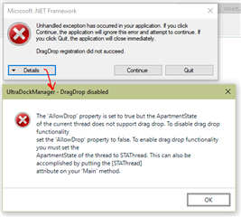 Error message from Microsoft .NET Framework stating 'Unhandled exception has occurred in your application. If you click Continue, the application will ignore this error and attempt to continue. If you click Quit, the application will close immediately. DragDrop registration did not succeed.' with Details and Quit buttons.