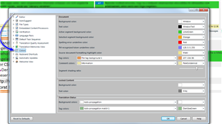 Trados Studio options menu with color customization settings, highlighting the active segment color change to orange.