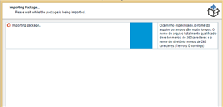 Trados Studio import package screen with a warning in Portuguese indicating the file path or name is too long, exceeding 260 characters for the path and 248 characters for the drive.