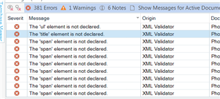 Trados Studio error list showing 381 errors, with multiple 'The element is not declared' messages from the XML Validator.
