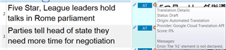 Trados Studio message window showing a single error 'The 'li' element is not declared' from the XML Validator during automated translation.