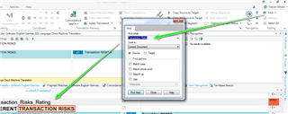 Screenshot of Trados Studio with 'Find and Replace' dialog box open and an arrow pointing to the expand button.