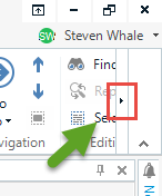 Close-up of Trados Studio toolbar showing the 'Find and Replace' button with a small black triangle indicating a dropdown menu.