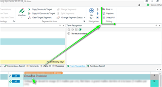 Trados Studio interface showing no results available in the Translation Results pane with a green arrow pointing to the target segment area.
