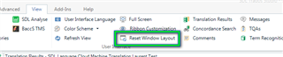 Close-up of Trados Studio menu with 'Reset Windows Layout' option highlighted.