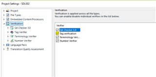 Trados Studio Project Settings window showing Verification options with QA Checker 3.0 and Tag Verification enabled.