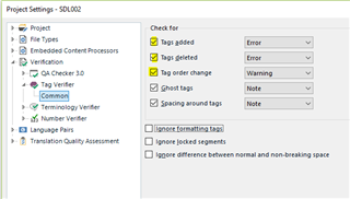 Detailed view of Tag Verifier settings in Trados Studio with options for tags added, deleted, order change, and spacing around tags.