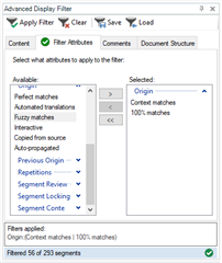 Trados Studio filter window with 'Context matches' and '100% matches' selected, indicating 253 segments found.