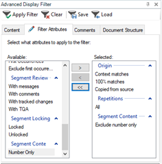 Trados Studio filter settings with 'Context matches', '100% matches', 'Copied from source', and 'All repetitions' selected, excluding numbers only.