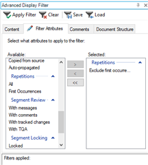 Trados Studio Advanced Display Filter window showing 'Repetitions' selected under 'Exclude first occurrences' filter.